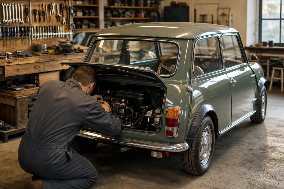 Mécanicien travaillant sur le compartiment moteur transversal d&rsquo;une Mini classique