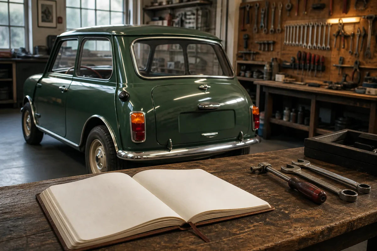 Carnet d&rsquo;entretien et outils posés près d&rsquo;une Mini classique dans un atelier