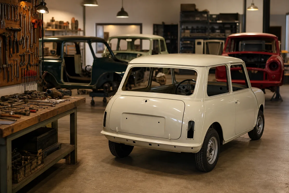 Atelier spécialisé dans la Mini classique avec plusieurs voitures en chantier