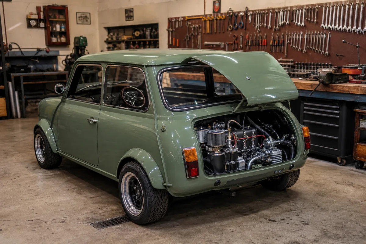 Mini classique préparée exposée dans un atelier, capot ouvert sur le moteur