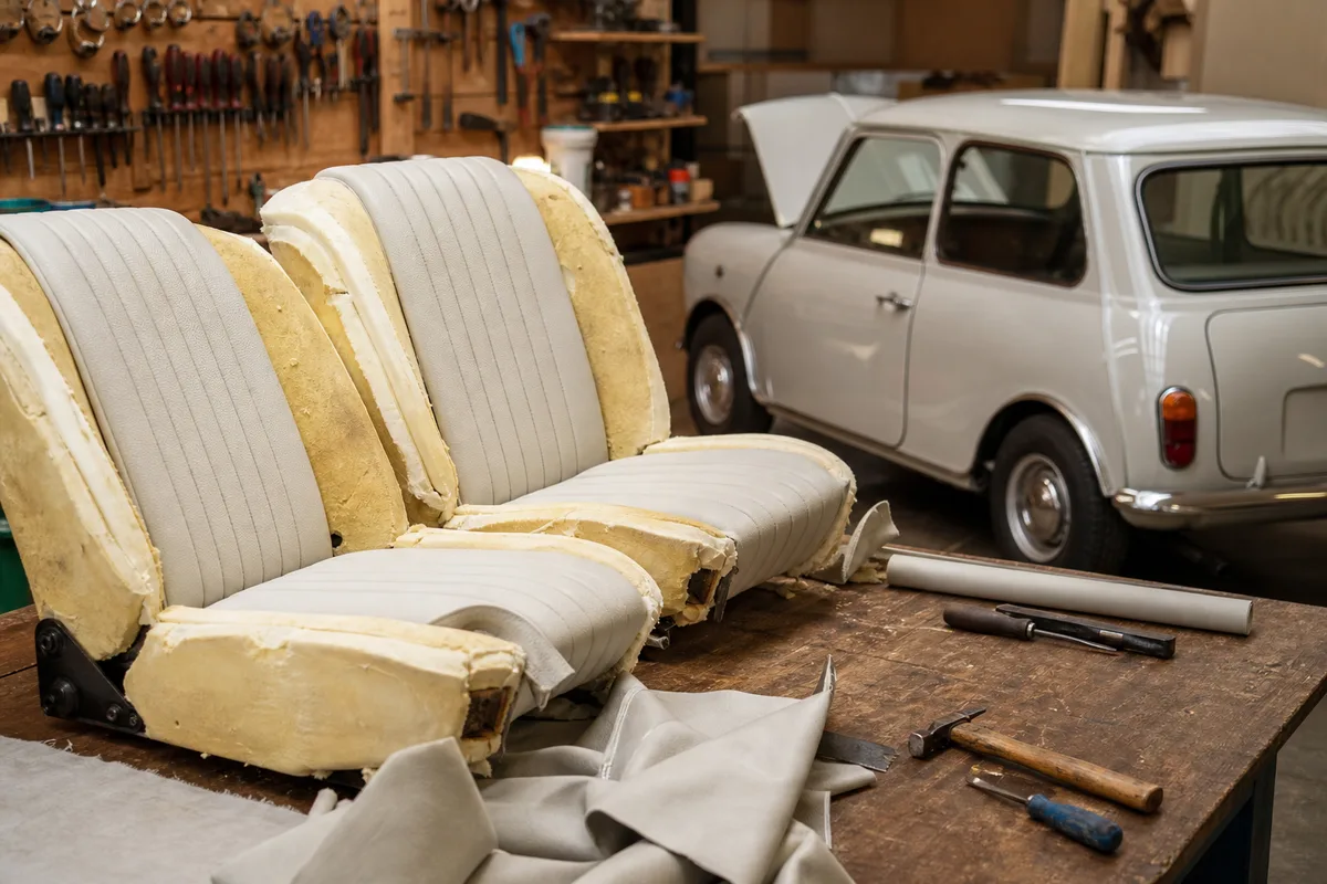 Sièges de Mini classique en cours de garnissage dans un atelier de sellerie