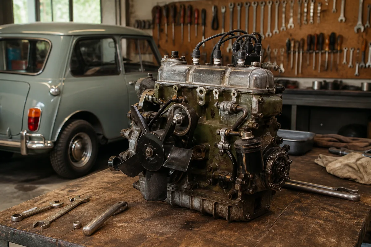 Moteur série A de Mini classique déposé sur un établi d&rsquo;atelier
