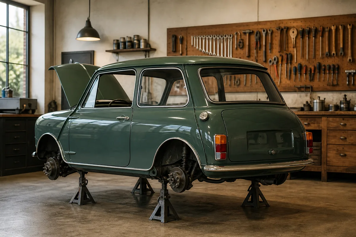 Une Mini Austin classique posée sur chandelles dans un atelier de restauration, capot ouvert