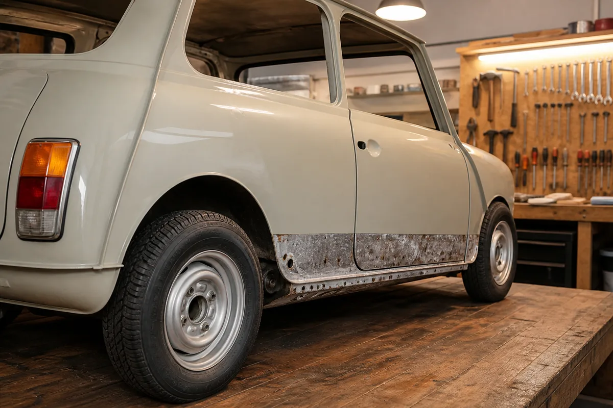 Détail d&rsquo;un bas de caisse de Mini classique mis à nu avant traitement de la corrosion
