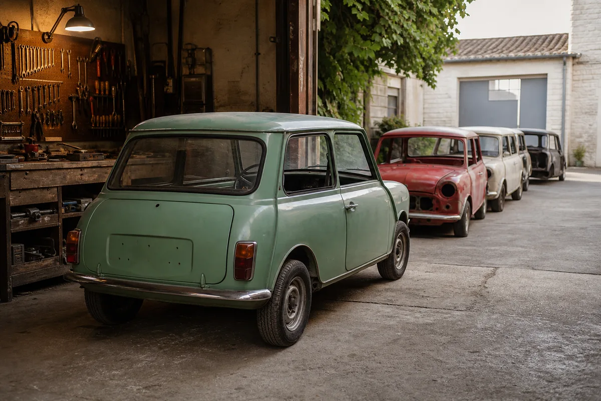 Plusieurs Mini classiques en attente de restauration alignées dans une cour