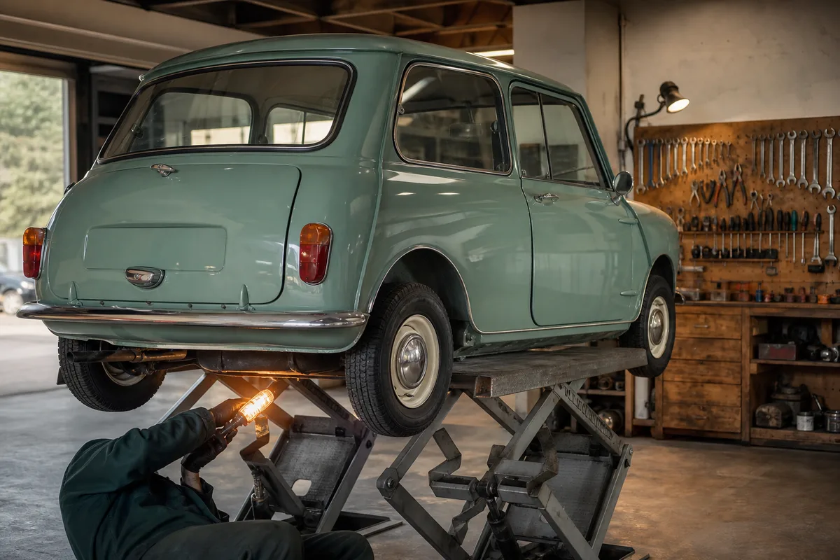 Inspection du plancher et des longerons d&rsquo;une Mini classique à l&rsquo;aide d&rsquo;une lampe